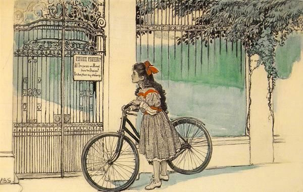 cartoon girl on bike. Girl With Bicycle Pauses At