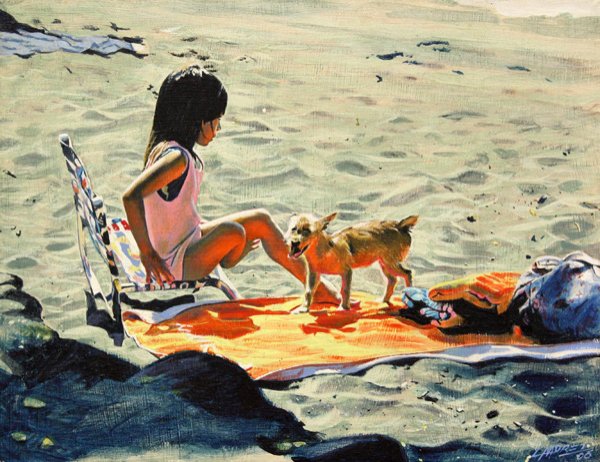 Young Girl On The Beach With Her Dog