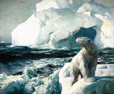 North Polar Bear And Icebergs