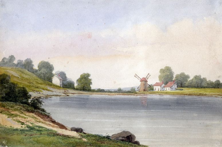 Landscape With A Body Of Water And Windmills