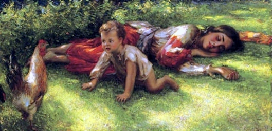 A Sleeping Gypsy Girl With A Cockerel And Baby