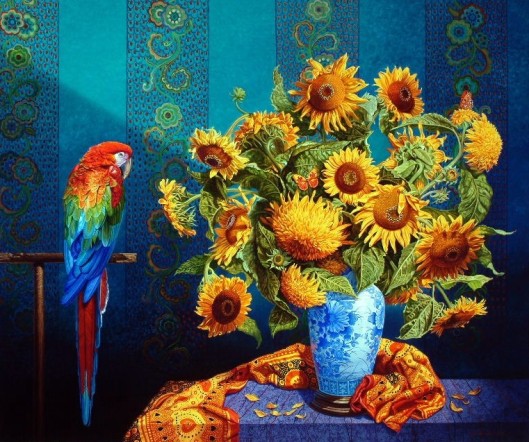 Sunflowers With Macaw