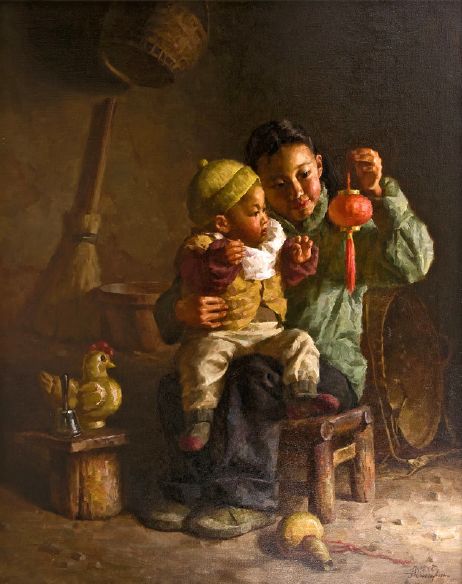 لوحات الفنان Jie-Wei Zhou Small_baby-sitter