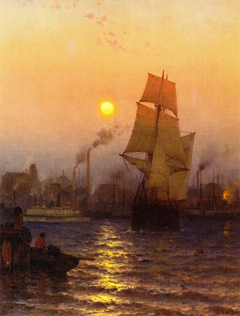 Shipping In Harbor By Moonlight